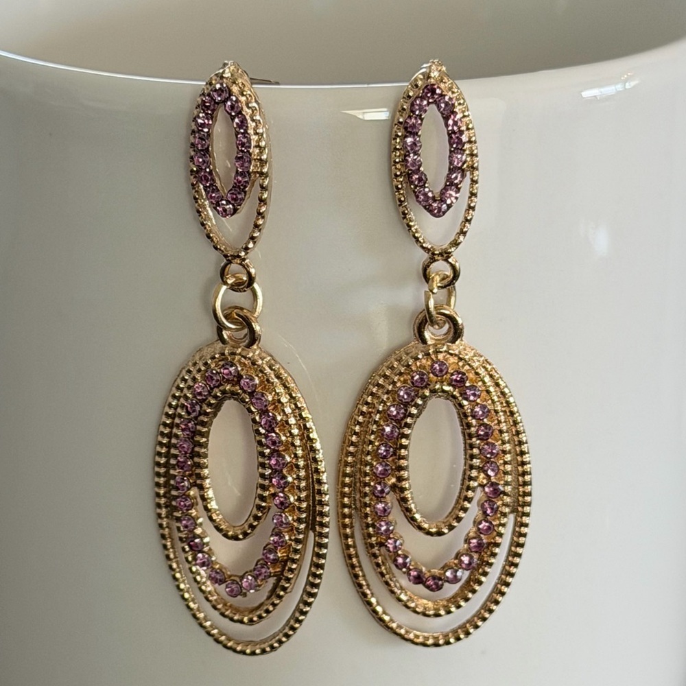 Gold Tone Oval Drop Earrings Purple Crystal | Statement Evening Jewelry
